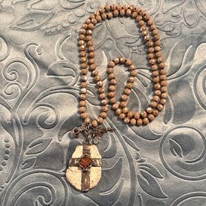 Elegant Long Tan/Taupe Beaded Necklace with Cross Pendant and Pink Center Stone